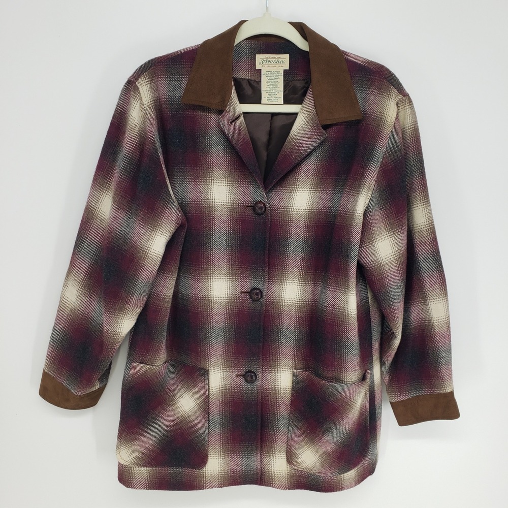 90s Vintage Plaid Barn Jacket Womens Size Small Burgundy Wool Blend Suede Trim